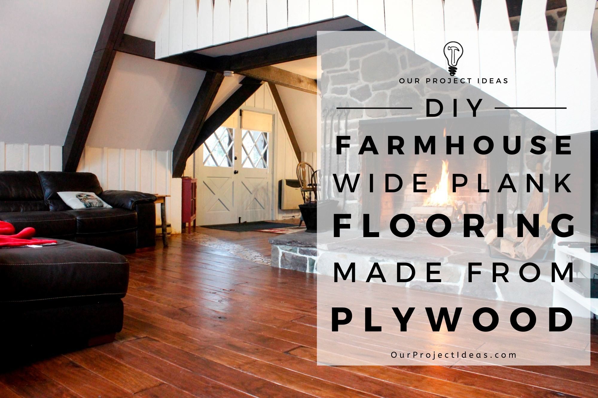DIY Rustic Farmhouse Wide Plank Plywood Flooring - a closeup of the distressing and Knots